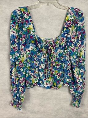 So Peplum Top Women’s Medium Squareneck Floral Ruched Multicolor Cottagecore
